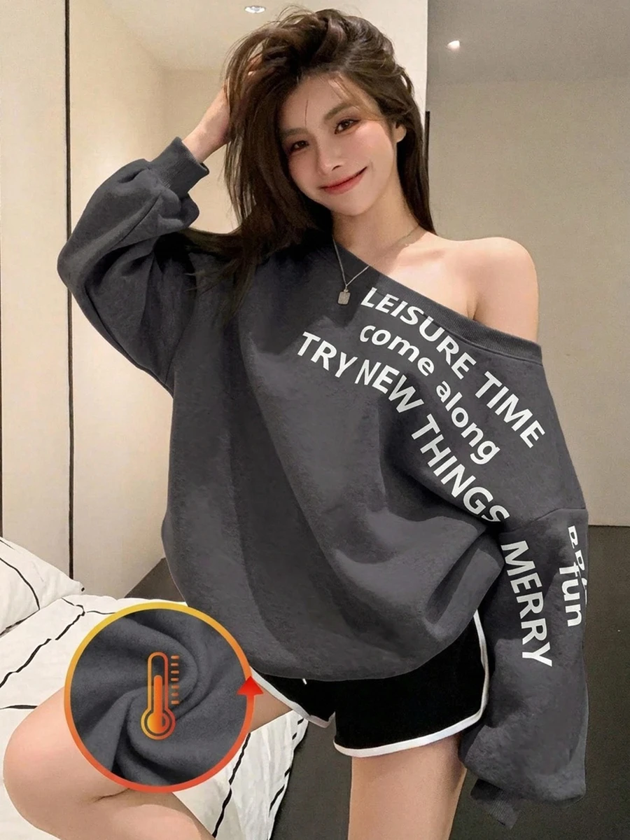 Joudiya 女款休閒甜美街頭風灰色保暖內裡不對稱領字母印花衛衣，秋冬連帽衫 - 灰色 - 查看 1