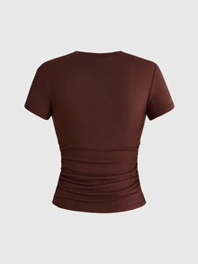 Sweetness Spring Summer Autumn Cute Polka Dot & Four-Leaf Clover Applique Embroidered Women's T-Shirt, Casual Daily Wear, Suitable For School, Graduation Season, Vacation And Other Occasions - Coffee Brown - View 2