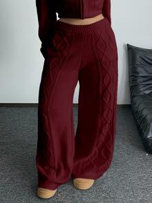 POPSWAY Plus Size Women's Spring/Autumn/Winter Vintage Cable Knit Slouchy Relaxed Fit Solid Apricot High Waist Casual Wide Leg Knit Sweater Pants With Pockets, Suitable For Daily Commute/Home Leisure/Outing Date/Fashion Versatile/Spring/Autumn/Winter Outfit - Burgundy - View 5