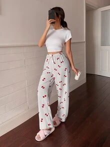 Napfluff Women's Striped Heart Print Bow Decor Waist Pajama Pants - Grey - View 6