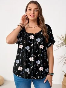 Rosumi Plus Size Floral Print Lace Trim Blouse - Multicolor - View 5