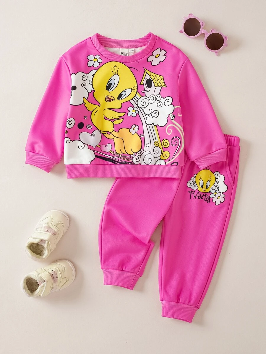 LOONEY TUNES X SHEIN Baby Boy Cartoon Pattern Long Sleeve Sweatshirt And Pants Casual Daily Outfit - Pink - View 1