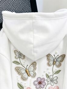 SHEIN Tween Girl Fall Clothes Casual Street Style Butterfly & Pearl Print Hooded Sweatshirt, Suitable For Streetwear, Autumn Fall 2pic - White - View 3
