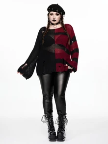 ROMWE Grunge Punk Halloween Dark Street Style Plus Size Women's Sweater, Yin Yang Color Block Distressed Design Loose Round Neck Knit Pullover - Multicolor - View 6
