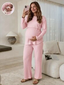 Slowluna Maternity Solid Color Nursing Long Sleeve Top And Adjustable Waist Long Pants Casual 2 Pieces Set - Pink - View 4