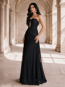 Coutiva Women's Lace Patchwork Pleated Elegant Waist-Cinching Evening Dress - Black - View 6