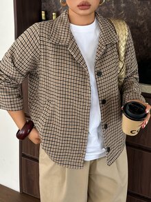 Dazy Plus Plus Size Women's Plaid Casual Versatile Daily Travel Long Sleeve Jacket - Khaki - View 6