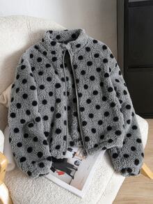 SHEIN 青少年女孩夾克，咖啡色，休閒版型，秋冬保暖，時尚百搭，拉鍊設計，純色印花，可愛秋冬款，保暖內裡加厚 - 彩色 - 查看 1