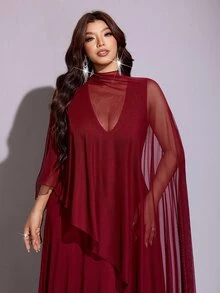 Viva Relle Plus Size Mesh Ethereal Stand Collar Cape Shawl 2 Pieces Set - Burgundy - View 3
