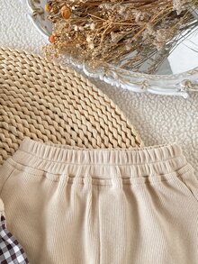 SHEIN 2Pcs Baby Girl Spring Fall Cotton Outfit, Casual Pit Stitch Plaid Spliced Puff Sleeve Knit Pullover + Solid Wide Leg Pants Beige Set - Apricot - View 5