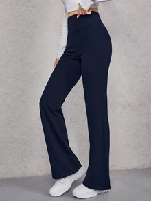 SHEIN EZwear 女款休閒日常通勤極簡純色高腰喇叭褲 - 藏蓝色 - 查看 3