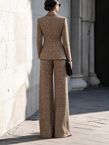 Balvessa Women's Plaid Long Sleeve Jacket And Pants Casual Suit Set - Coffee Brown - View 2