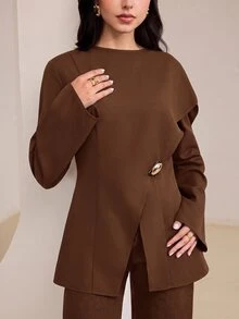 Veilorie 女款純色圓領長袖上衣，金屬腰部裝飾，優雅辦公晚餐風，秋季棕色調 - 咖啡棕 - 查看 6
