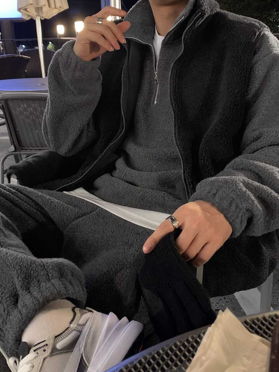 DAZY Men's Thermal Lined Polar Fleece Dark Gray Half-Zip Pullover Sweatshirt And Elastic Waist Cuffed Sweatpants Set, Autumn/Winter - Dark Grey - View 1