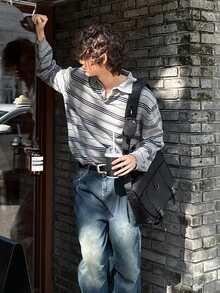 DAZY Spring/Autumn Solid Color Striped Polo Collar Commuter Men's Sweater - Grey - View 8