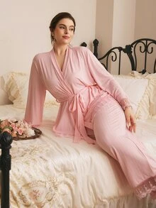Côtesoire Plus Size Women Lace Patchwork Long Sleeve Top And Pants Casual Daily Home Sleepwear Set - Pink - View 2