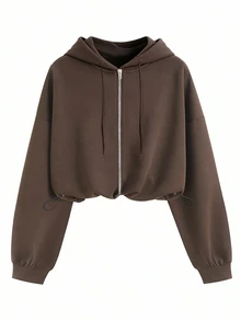 QUELARIE Women's Casual Loose Waist-Cinching Hooded Sweatshirt, Autumn/Winter Zip-Up Jacket - Rust Brown - View 3
