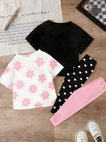 SHEIN 4件組女童休閒時尚黑白可愛極簡風愛心、花卉、字母印花短版T恤與內搭褲套裝，適合夏季度假日常穿著 - 彩色 - 查看 2