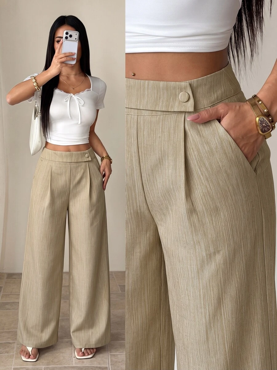 SHEIN PETITE 女款竹纖維面料長褲,前腰拼接鈕扣設計,優雅教師制服風,專業休閒,感恩節、萬聖節必備,百搭寬鬆飄逸直筒褲 - 卡其色 - 查看 1