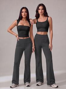 SHEIN Tall 女款素色修身百搭日常穿著喇叭褲 - 深灰色 - 查看 11