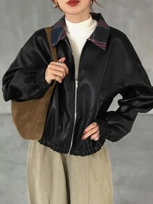 FRIFUL Women's Elegant PU Material Long Sleeve Jacket With Pockets And Zipper - Black - View 6