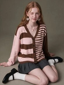 Elnivra Women's Drop Shoulder Long Sleeve Casual Asymmetric Color Block Striped Cardigan - Dusty Pink - View 5