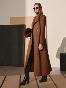MOTF PREMIUM SUEDE VELVET CONTRAST BLACK PU SPROUT WAIST-CINCHING FLARED DOUBLE-BREASTED MID-LENGTH COAT FOR AUTUMN/WINTER - Brown - View 4