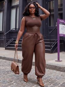 Slaydiva Plus Size Women's Solid Color PU Leather Casual Versatile Long Pants - Brown - View 6