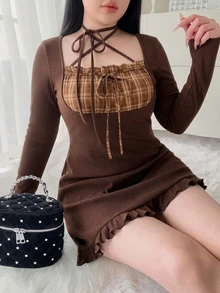 Dazy Plus Gaun Pendek Seksi Slimming Musim Semi/Musim Gugur dengan Kerah Berkerut dan Motif Kotak-kotak Patchwork dan Tali Leher Halter - Coklat - View 5