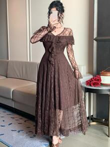 DAZY Women's V-Neck Bell Sleeve Patchwork Ruffle Elegant Lace Dress - Coffee Brown - View 8
