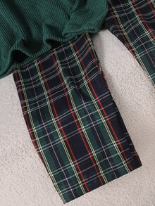 女童居家服 大童女孩羅紋半開胸長袖格紋褲休閒舒適居家服 2件套 - 綠色 - 查看 6