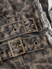ROMWE Grunge Punk Y2K 磨損水洗做舊露肩掛脖喇叭荷葉邊下擺女款超短牛仔洋裝，黑色 - 咖啡棕 - 查看 3