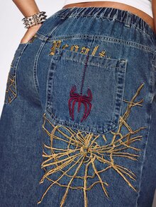 ROMWE Street Life Y2K Vintage Unisex Street Punk Spider Web Embroidered Loose Wide Leg Plus Size Women's Denim Mid-Length Pants - Blue - View 2