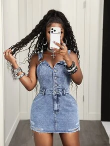 Jeanoix Petite Y2K Women's All-Season Blue Distressed Denim Petite Pinafore Dress - Medium Wash - View 5