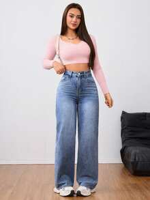 SHEIN PETITE Women's Outdoor Fashion All-Season Versatile Petite Blue Denim Wide Leg Pants - Dark Wash - View 6