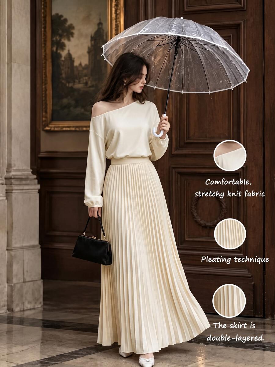 Cévolie Commuter Gentle Style Asymmetric Neckline Cold Shoulder Pleated Top & Long Skirt Set - Apricot - View 1