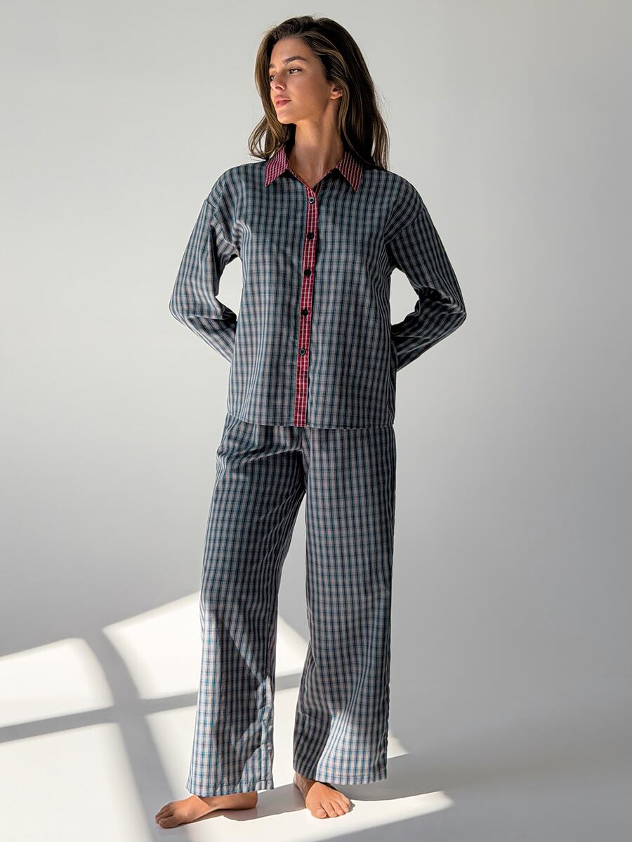 DAZY Women's Plaid Single-Breasted Long Sleeve Top And Pants Pajama Set - Blue - View 1