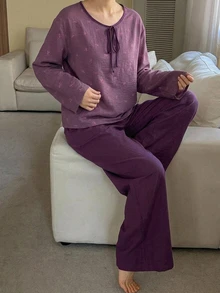 DAZY 2pcs/Set Women's Pajama Set With Bow Pattern All-Over Print Long Sleeve Top And Solid Color Straight Leg Long Pants - Purple - View 6
