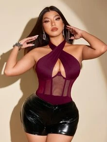 NU&NOW 大尺碼女款 春季新年夏季黑色蕾絲性感鏤空細肩帶前衛法式休閒青春優雅時尚時髦針織彈性百搭舒適內著外穿年輕優雅性感拼接度假社交連體衣黑色上衣黑色連體衣黑色內衣緊身高端透明露肩修身內著純色連體衣 - 紫色 - 查看 1