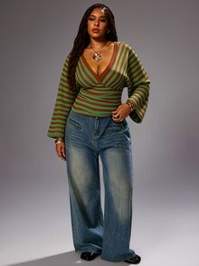 Rustia Plus Size Autumn/Winter Casual Colorful Striped V-Neck Long Sleeve T-Shirt Fall - Green - View 6