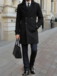 DAZY Men's Mid-Length Double-Breasted Lapel Overcoat With Matching Lining, Autumn/Winter Commuter Style - Black - View 5