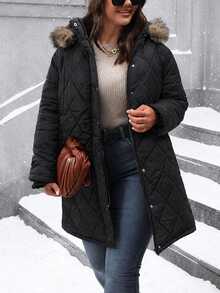 EMERY ROSE Plus Size Casual Black Padded Coat With Pockets, Detachable Fur Collar Hood, Ribbed Cuffs, Mid-Length, Diamond Quilted & Straight Stripe Patchwork - Black - View 6