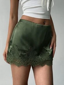 Aloruh 女款優雅性感低腰蕾絲拼接緞面修身粉色迷你裙，粉色裙子，夏季度假，夏季女款，夏季裙裝派對 - 軍綠色 - 查看 4
