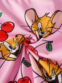 TOM & JERRY X SHEIN 少女卡通印花拼色細肩帶背心上衣與低腰內褲內衣套裝 - 粉色 - 查看 6