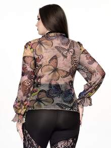 ROMWE Fairycore Vintage Vacation Butterfly Print Front Tie Frill Trim Plus Size Women's Top - Multicolor - View 8