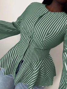 Xyvia 女款時尚條紋荷葉邊下擺襯衫 - 綠色 - 查看 4