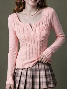 Elnivra Women's Button Half-Placket Long Sleeve Pocket Cable Knit Pullover Sweater - Pink - View 1