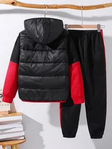 SHEIN 3pcs Kids/Tween Boys Black And Red Contrast Color Hoodie, Drawstring Pants, Padded Coat Set, Casual Athletic School Autumn Winter Outfit - Multicolor - View 2