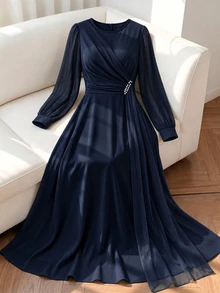 GlowEve CURVE Plus Size Round Neck Bowknot Pearl Decor Lantern Sleeve Chiffon Back Zipper Dress Wedding Formal Evening Light Blue Autumn Elegant Celestial Fall - Navy Blue - View 3