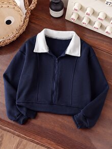 SHEIN 青少年女孩拼色領口拉鍊長袖休閒運動衫 - 藏蓝色 - 查看 3